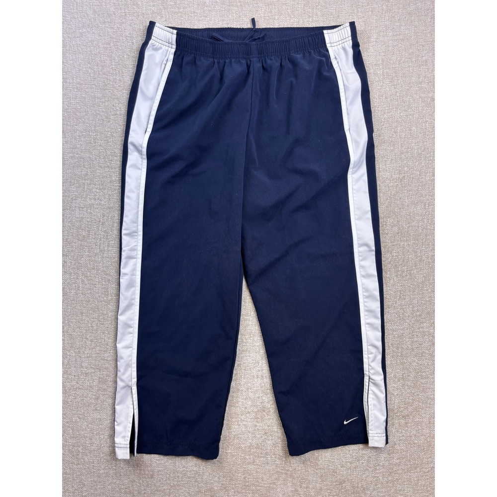 Y2K Nike Boys Navy Blue Track Pants White Side Stripe Elastic Waist Size L 12-14